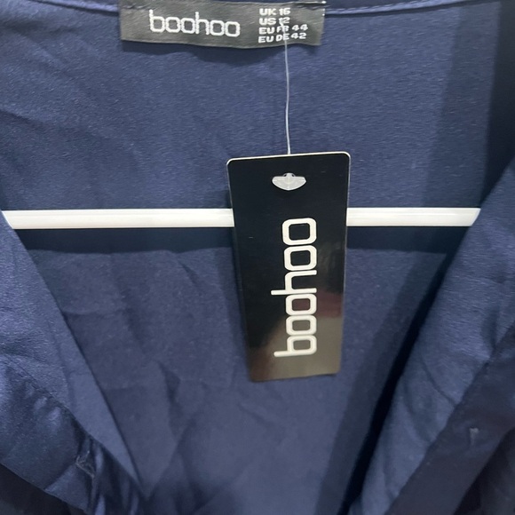 NWT SZ 16 maternity Boohoo Midnight Blue navy Satin button down midi dress - Picture 4 of 11